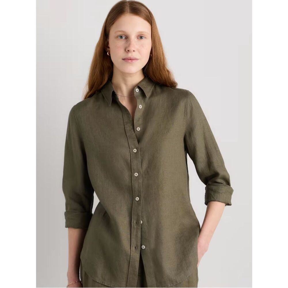 Quince Olive Green Flax linen button down shirt size Small